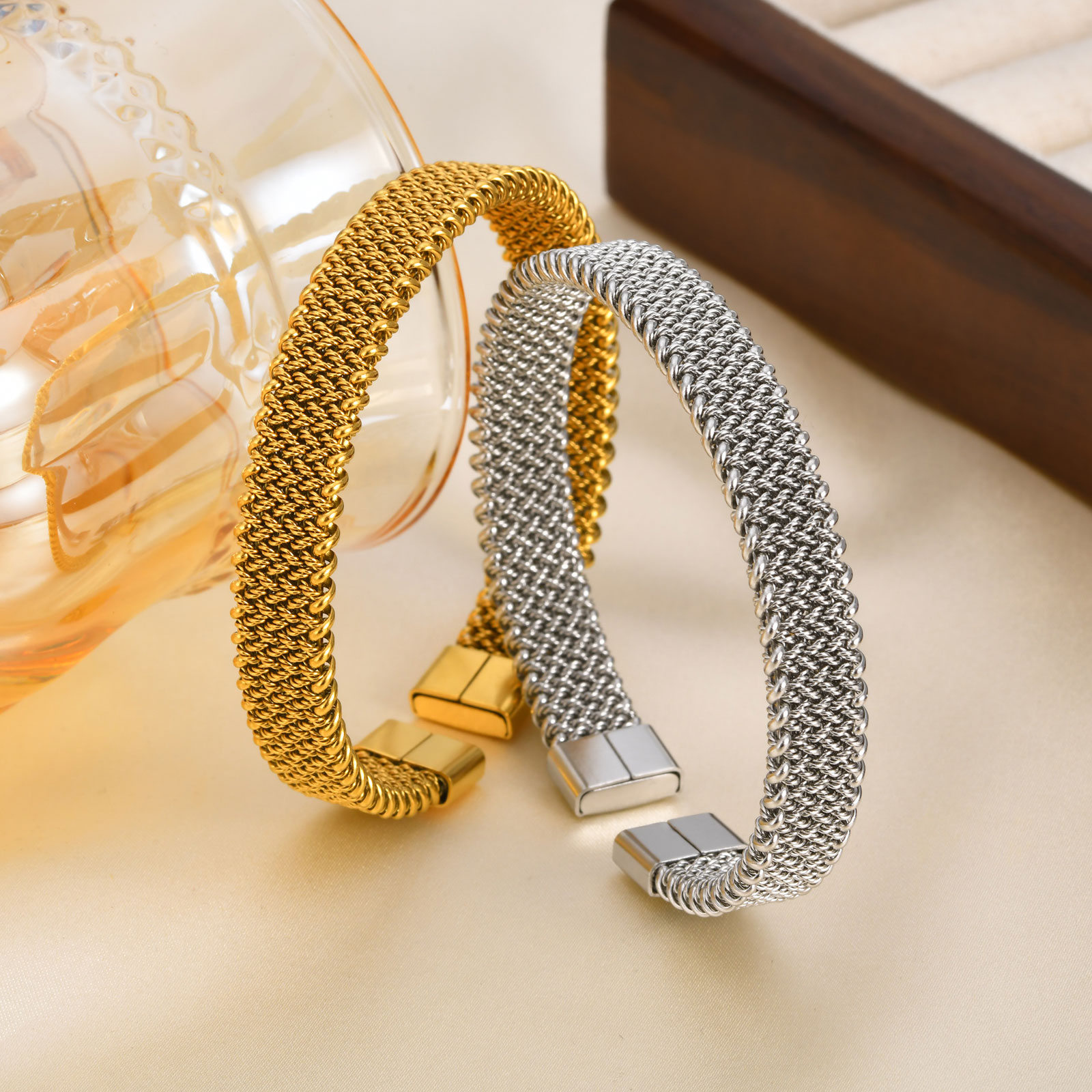 Mesh Strap Metal - 10mm pleciony rozciągliwy pasek otwarta bransoletka,