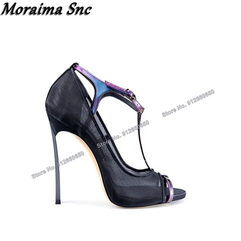 Mesh Strap Metal - Sandały na szpilce z metalowym obcasem,